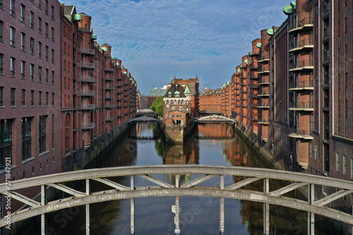 Hamburg Hafencity. Weltkulturerbe Speicherstadt mit Wasserschloss und Elbphilharmonie. Luftaufnahme photo