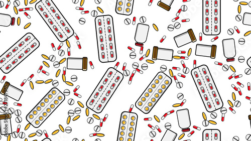 Seamless pattern texture of endless repetitive medicine tablets pills dragee capsules records cans of packs with medicines vitamins drugs on a white background flat lay top view. Vector illustration