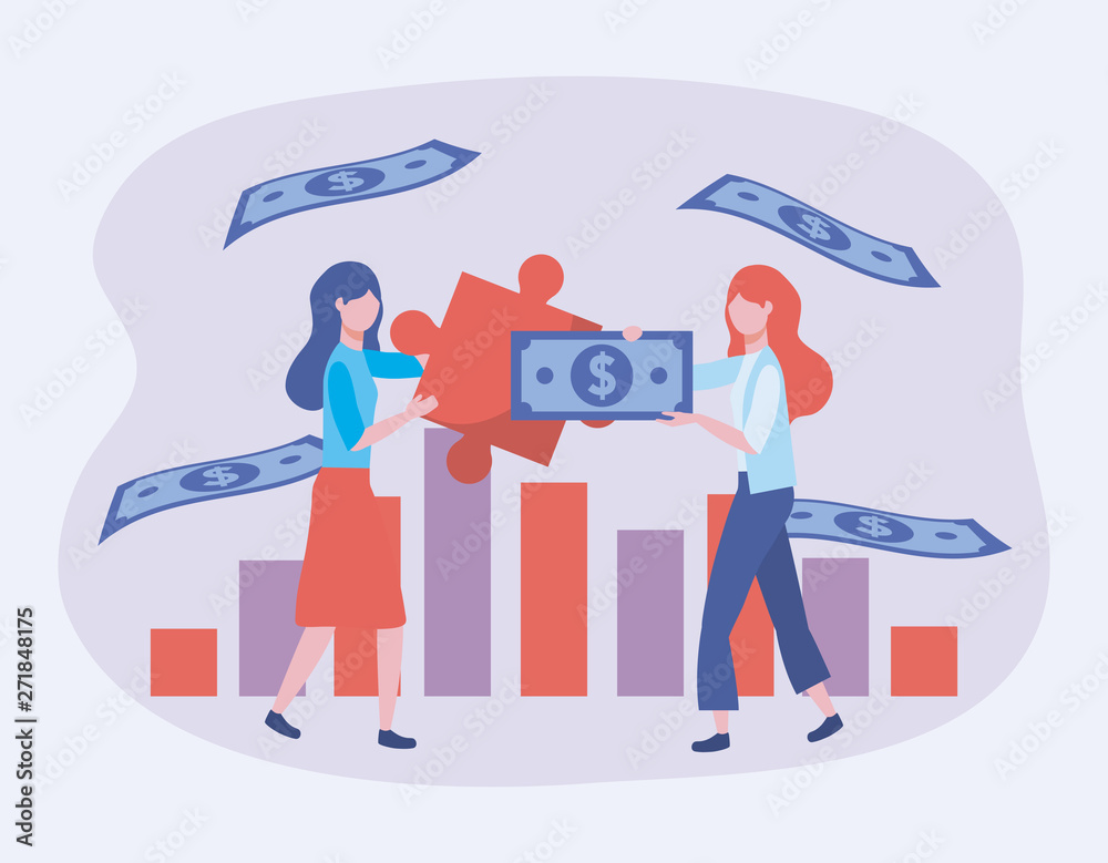 businesswomen with puzzle and bills with stratistics bar businesswomen with puzzle and bills with stratistics bar