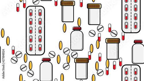 Seamless pattern texture of endless repetitive medicine tablets pills dragee capsules records cans of packs with medicines vitamins drugs on a white background flat lay top view. Vector illustration
