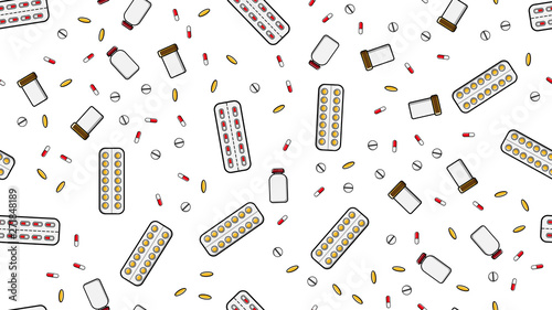 Seamless pattern texture of endless repetitive medicine tablets pills dragee capsules records cans of packs with medicines vitamins drugs on a white background flat lay top view. Vector illustration