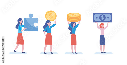 set of businesswomen with puzzle and coins with bills