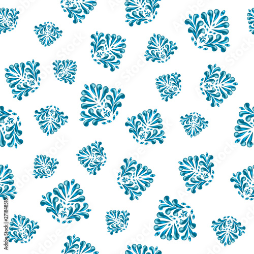 Seamless pattern of blue stylized chaotically arranged leaves on a white background