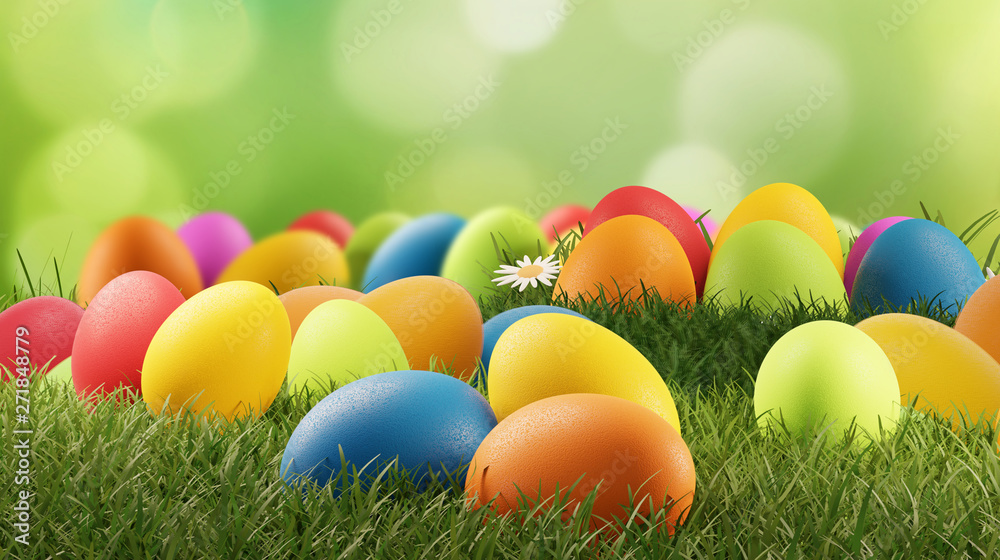colored Easter eggs in grass 3d-illustration