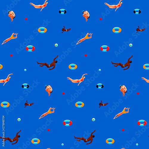 People mixed race swimming in pool with lifebuoys and balls. Swimmers in water. Summer sea or ocean diving enjoy activity. Seamless pattern vector illustration