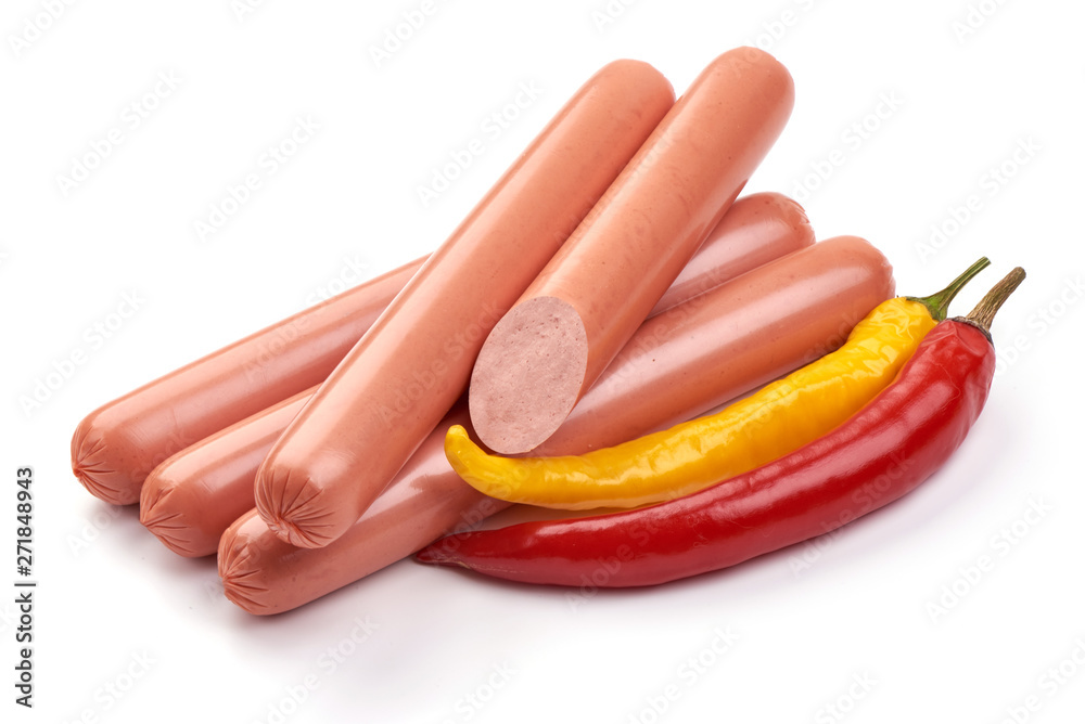 Boiled hot dog sausages, close-up, isolated on white background