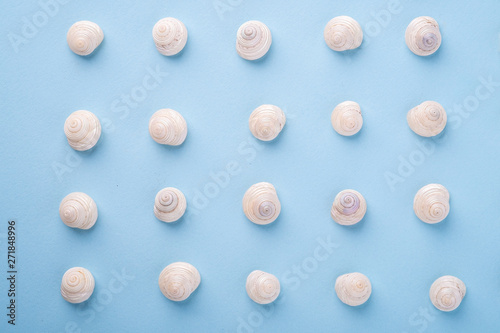 Wallpaper Mural Summer texture pattern copy space seashell top view blue background Torontodigital.ca