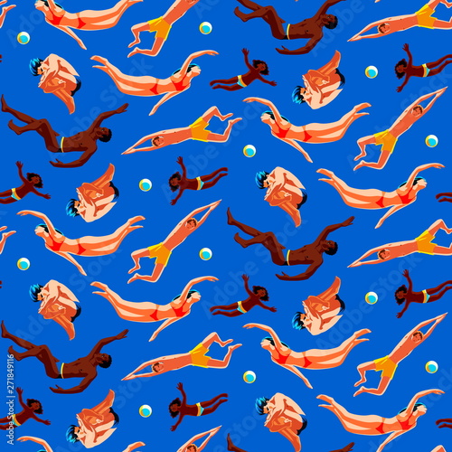 People mixed race swimming in pool with balls. Swimmers in water background. Summer sea or ocean diving enjoy activity. Seamless pattern vector illustration