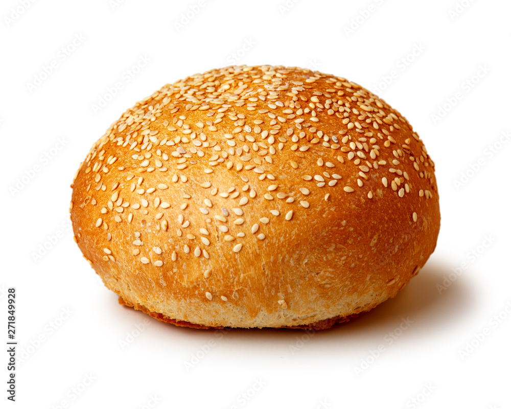 Hamburger bun with sesame seeds. Fast food. Isolated on white background. Hamburger bun with sesame seeds. Fast food. Isolated on white background.