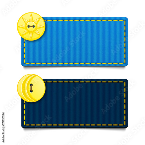 Set of two horizontal rectangular blue fabric banners. Label with seam. Yellow buttons. Sun, moon, day and night. Template with place for text. Isolated on white background. Eps10 vector illustration.