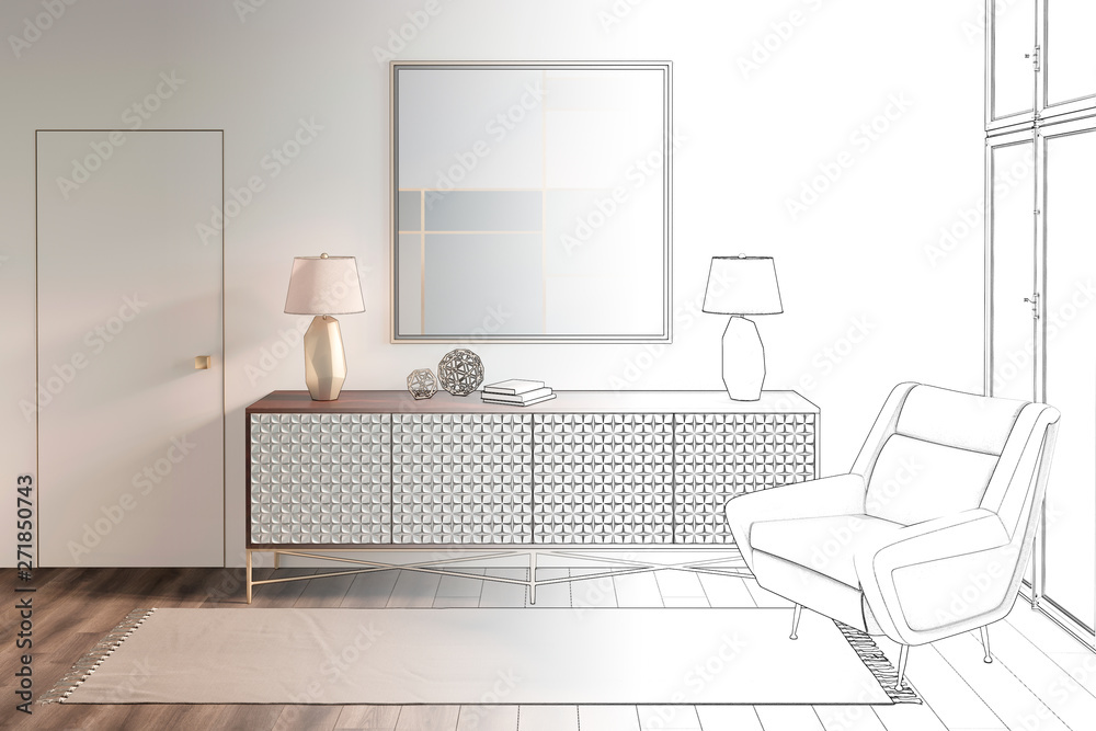 3d illustration. Sketch of сozy modern hall with a picture and a chair