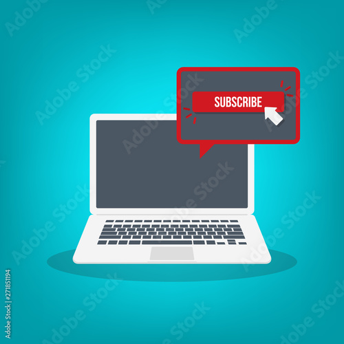 Laptop computer with subscribe button vector flat illustration	