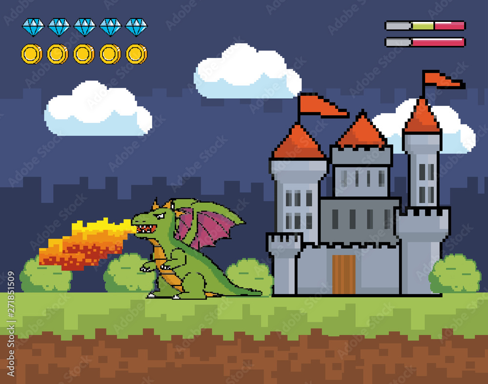 castle with dragon spits fire and life bar