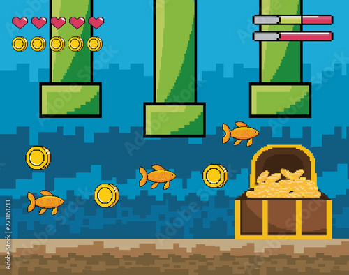 tubes with fishes and coffer with coins and life bars
