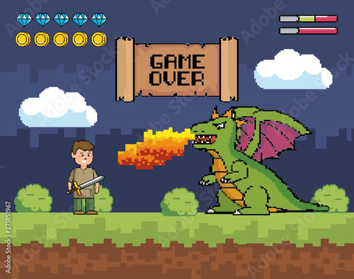 boy with sword and dragon spits fire with game over message