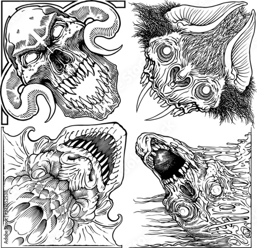 Black and white vector freehand drawing of monsters for decorations or borders