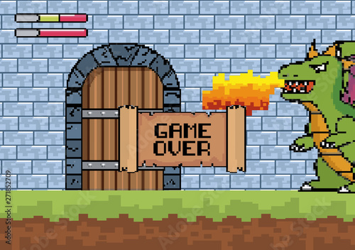 dragon spits fire in the castle door with game over message