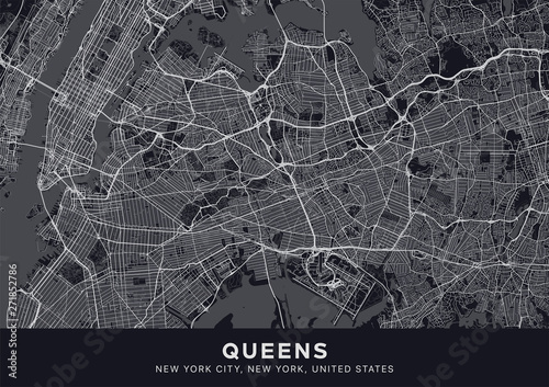 Queens map. Dark poster with map of Queens borough (New York, United States). Highly detailed map of Queens with water objects, roads, railways, etc. Printable poster.