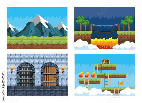 set of pixelated videogame graphic digital scene