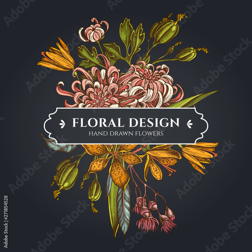 Floral bouquet dark design with japanese chrysanthemum, blackberry lily, eucalyptus flower