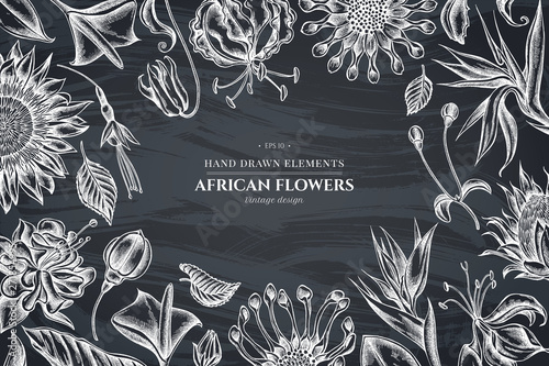 Floral design with chalk african daisies, fuchsia, gloriosa, king protea, anthurium, strelitzia