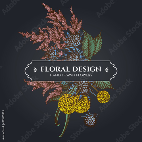 Floral bouquet dark design with astilbe, craspedia, blue eryngo
