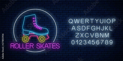 Retro roller skates glowing neon sign in circle frame with alphabet. Skate zone symbol in neon style.