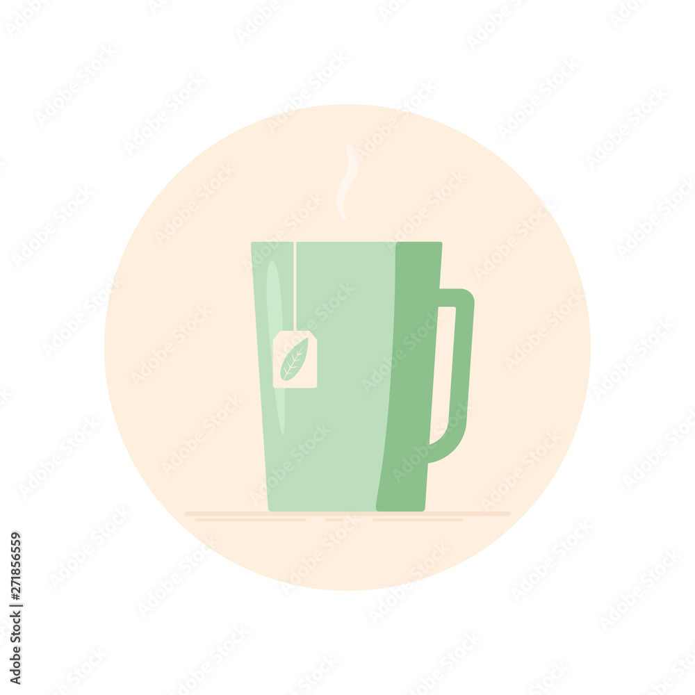 Vector icon of a mug with tea bag and steam. Isolated in circle. Flat design. Green color. Vector icon of a mug with tea bag and steam. Isolated in circle. Flat design. Green color.