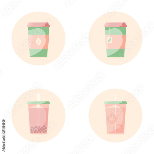 Vector set of beverage icons. Soft drinks for take away. Hot - coffee, tea. Cold - lemonade, bubble tea. Watermelon colors.