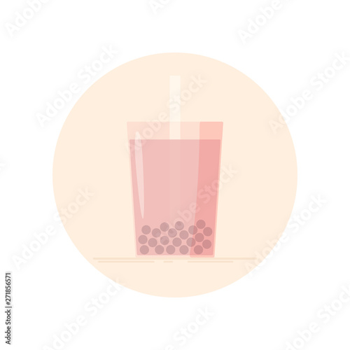 Vector icon of bubble tea in a glass with straw. Isolated in circle. Flat design. Pink color.