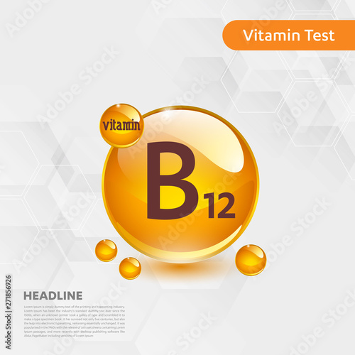 Vitamin B12 gold shining pill capcule icon, cholecalciferol. golden Vitamin complex with Chemical formula substance drop. Medical for heath Vector illustration