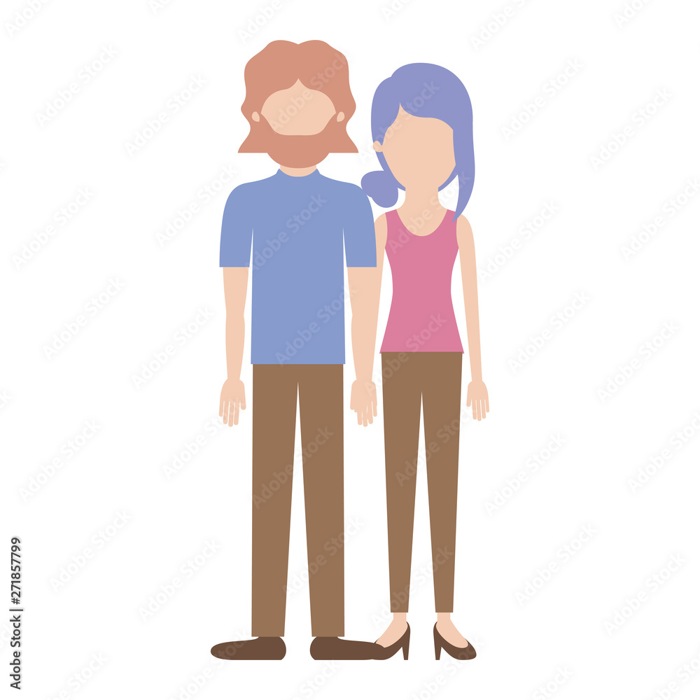 faceless couple colorful silhouette and both with t-shirt and pants and shoes and him with mid length hair and beard and her with collected hair and fringe faceless couple colorful silhouette and both with t-shirt and pants and shoes and him with mid length hair and beard and her with collected hair and fringe