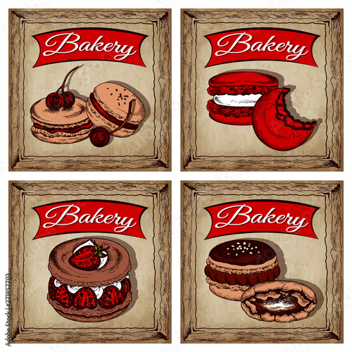 Vector illustration of sketch hand drawn set of bakery poster with macarons. Macaron with strawberry, cherry, chocolate, cream. Velvet macaroon background