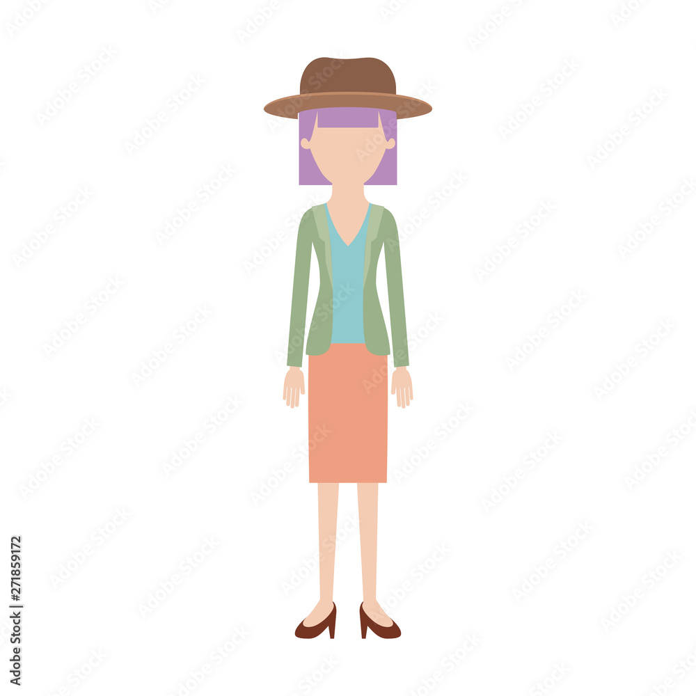 faceless woman with hat and blouse with jacket and skirt and heel shoes with mushroom hairstyle in colorful silhouette