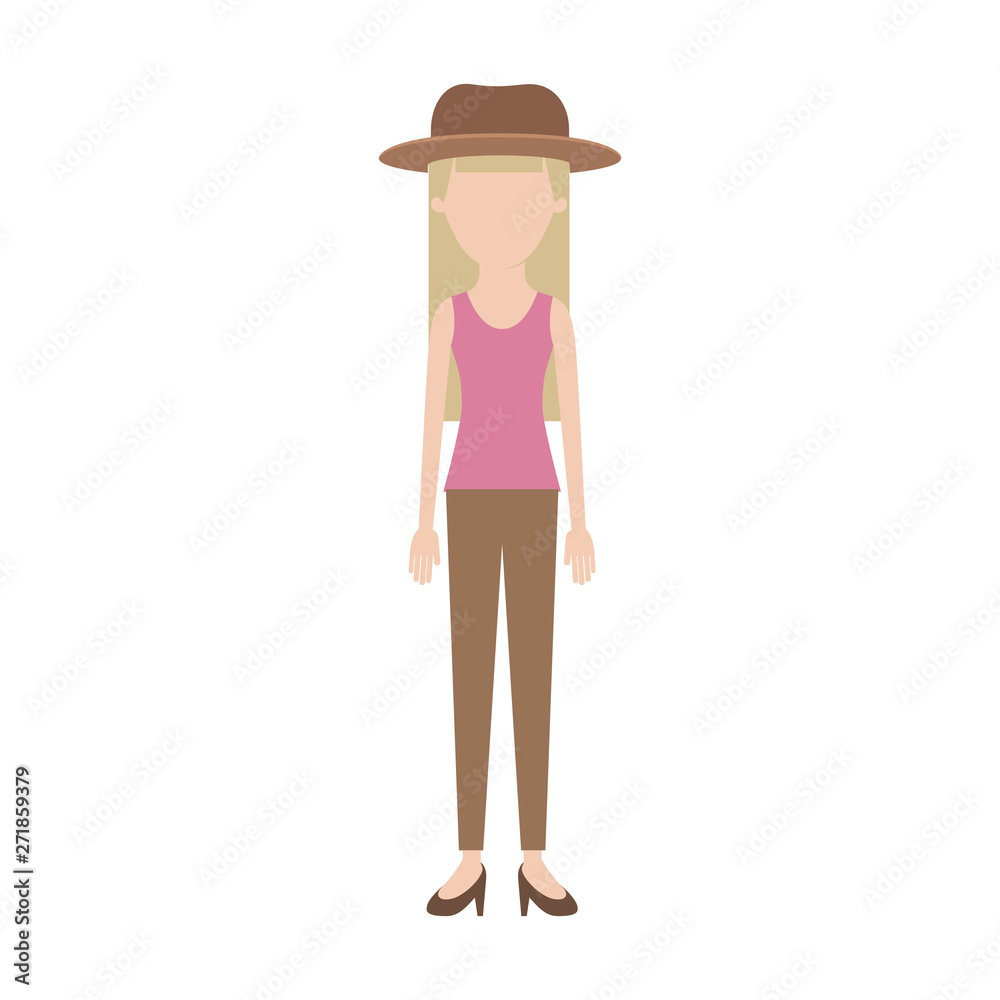 faceless woman with hat and blouse sleeveless and pants and heel shoes with long straight hair in colorful silhouette faceless woman with hat and blouse sleeveless and pants and heel shoes with long straight hair in colorful silhouette
