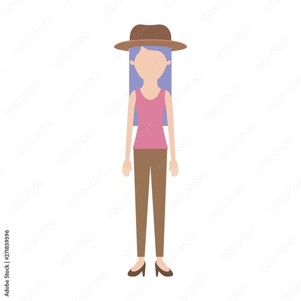 faceless woman with hat and t-shirt sleeveless and pants and heel shoes with long straight hair in colorful silhouette faceless woman with hat and t-shirt sleeveless and pants and heel shoes with long straight hair in colorful silhouette