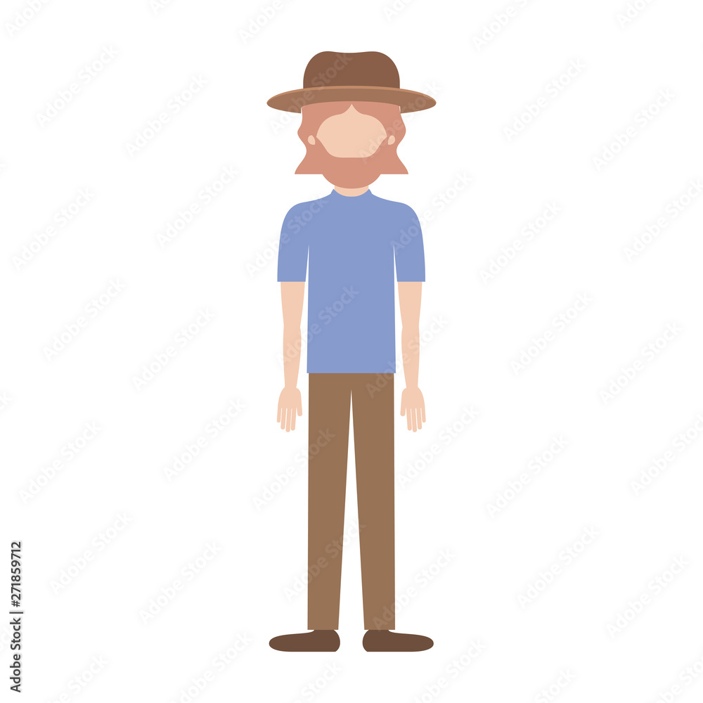 faceless man with hat and t-shirt and pants and shoes with mid length hair and beard on colorful silhouette