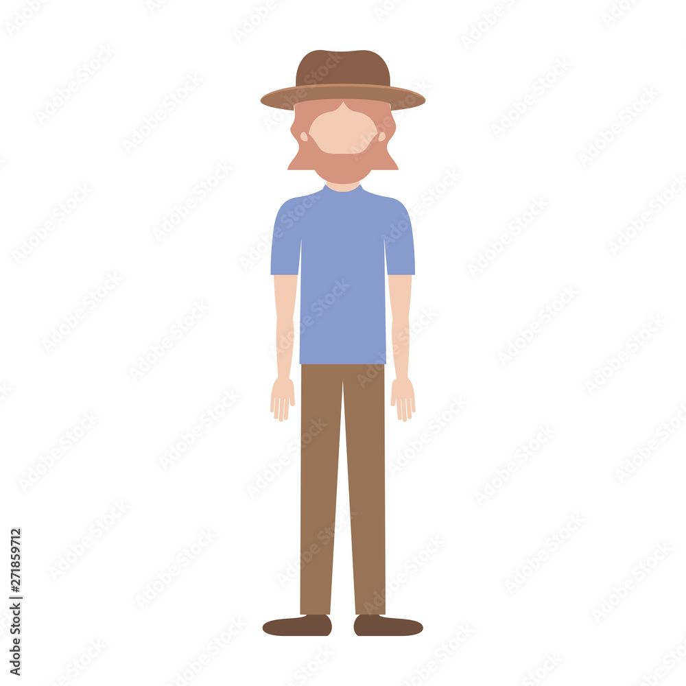 faceless man with hat and t-shirt and pants and shoes with mid length hair and beard on colorful silhouette faceless man with hat and t-shirt and pants and shoes with mid length hair and beard on colorful silhouette