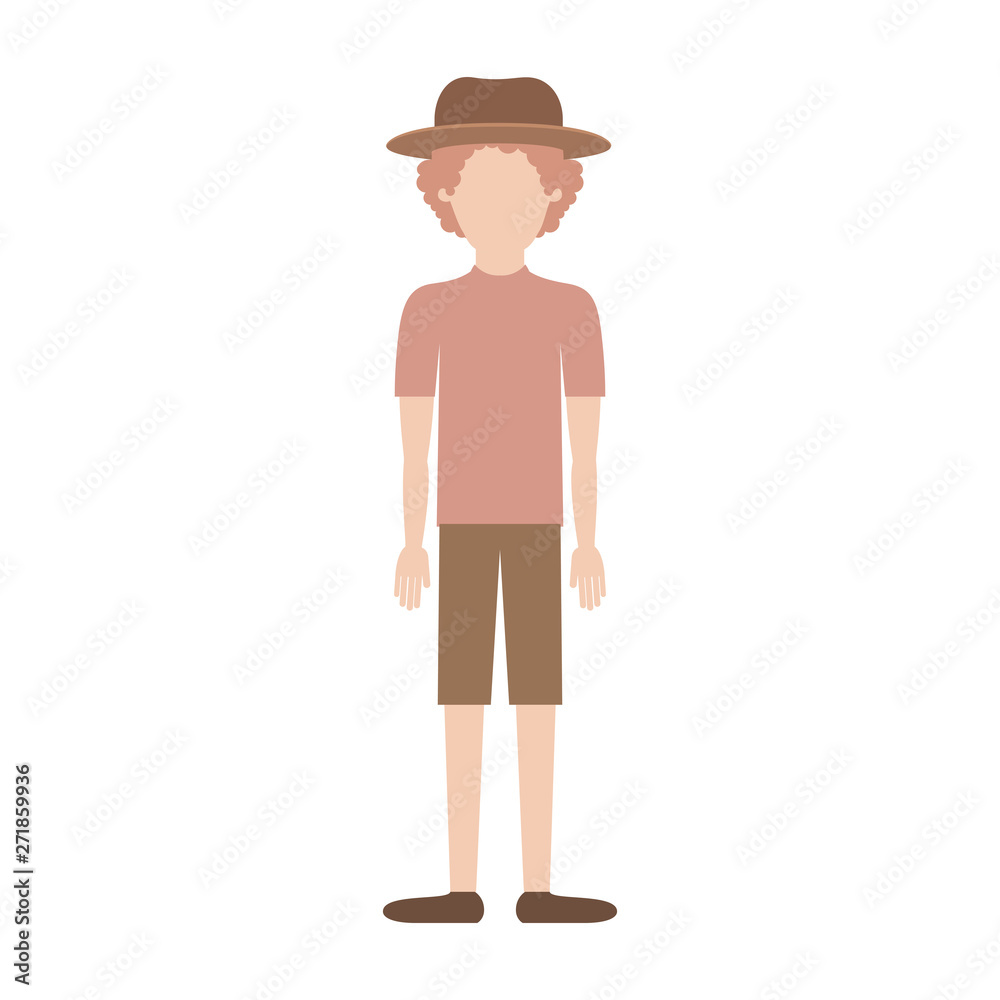faceless man with hat and t-shirt and short pants and shoes with curly hair in colorful silhouette faceless man with hat and t-shirt and short pants and shoes with curly hair in colorful silhouette