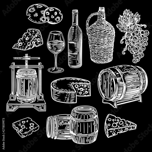 Vector hand drawn set of wine, cheese, grapes, barrels and wine press in the engraving style isolated on black background.