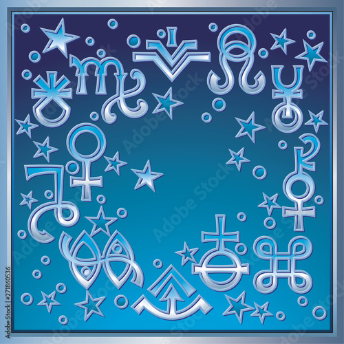 «Astrological diadem», the excerpt of some recent astrological signs and occult mystical symbols. Astrological pattern, celestial background with embossed metal signs and stars.