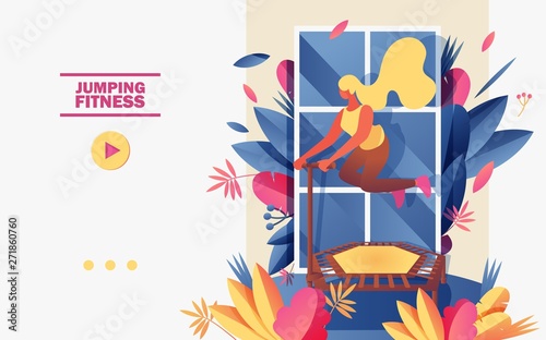 Vector concept sport banner or landing page template with young woman rebounce on trampoline. Flat character doing jumping fitness exersice drawn with greenery and vivid gradients