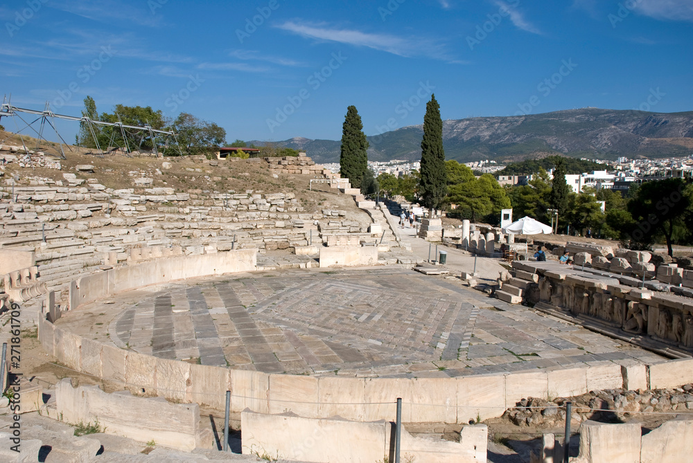 Athens, Greece / April 2019: The archaeological site of the ancient theater of Dionysus, near the Acropolis of Athens. 