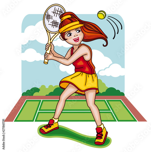 Smiling little girl is playing tennis