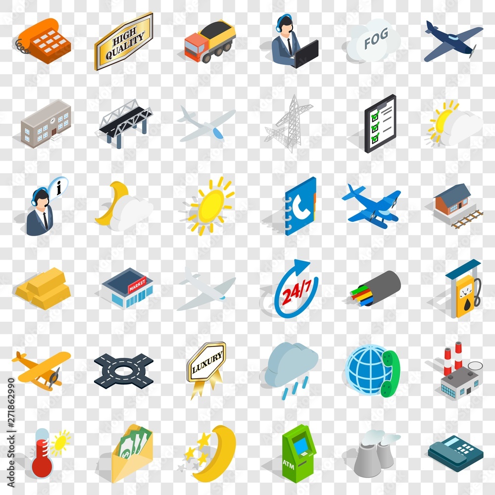 Aeroplane icons set. Isometric style of 36 aeroplane vector icons for web for any design