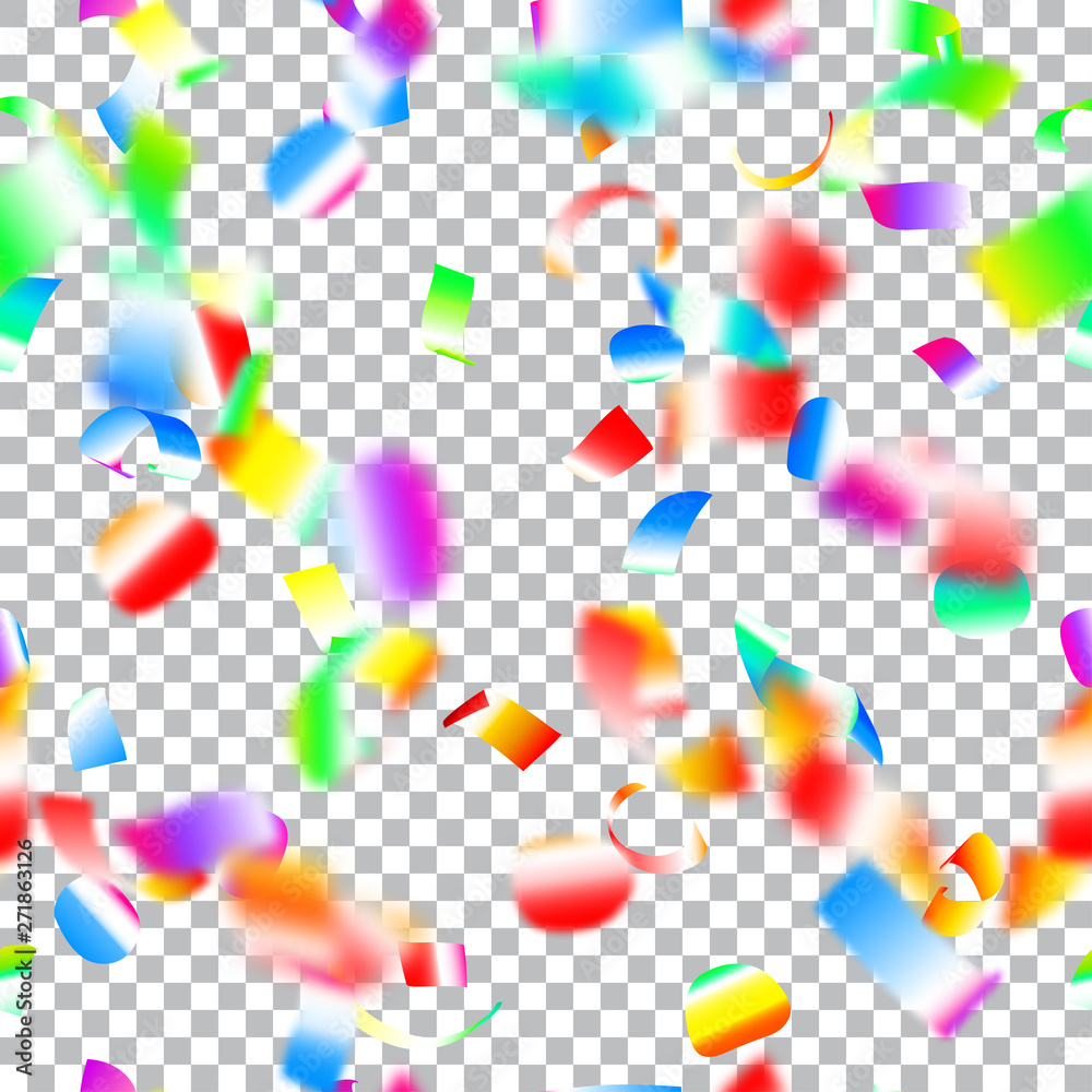 Abstract seamless pattern of flying shiny colored confetti and pieces of serpentine, isolated on transparent background