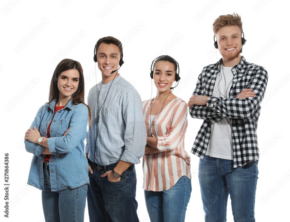 Technical support operators with headsets on white background Technical support operators with headsets on white background