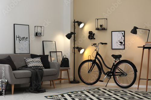 Modern living room interior with comfortable sofa and bicycle