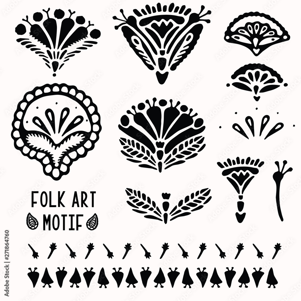 Ornamental paisley floral folk art elements for design set. Hand drawn