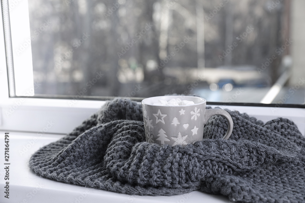 custom made wallpaper toronto digitalCup of winter drink and knitted scarf on windowsill. Space for text